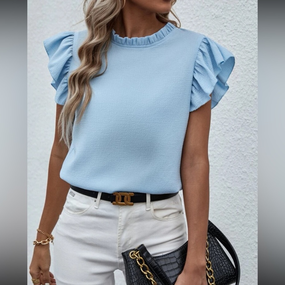 Baby blue butterfly sleeve ruffle blouse